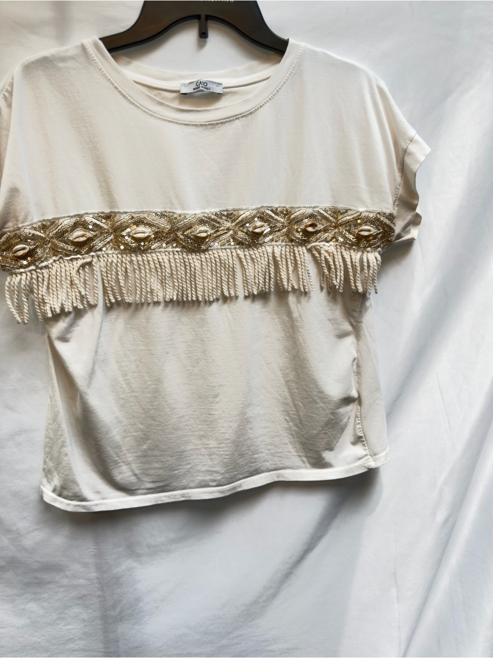 CATO MADE IN ITALY Cream Embroidered Sequin Seashell Tassel Top